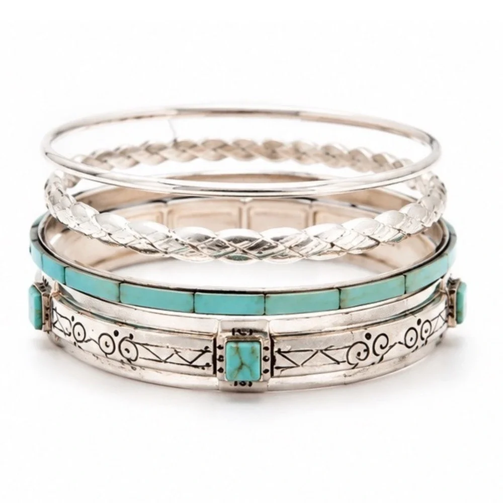Silver & Turquoise Tone Bangle Bracelet Stack 6 Set Bohemian Southwestern Style
